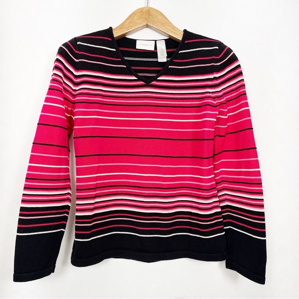 Vintage Liz Claiborne Black Pink Striped 100%‎ Cotton V-Neck Sweater Size Medium